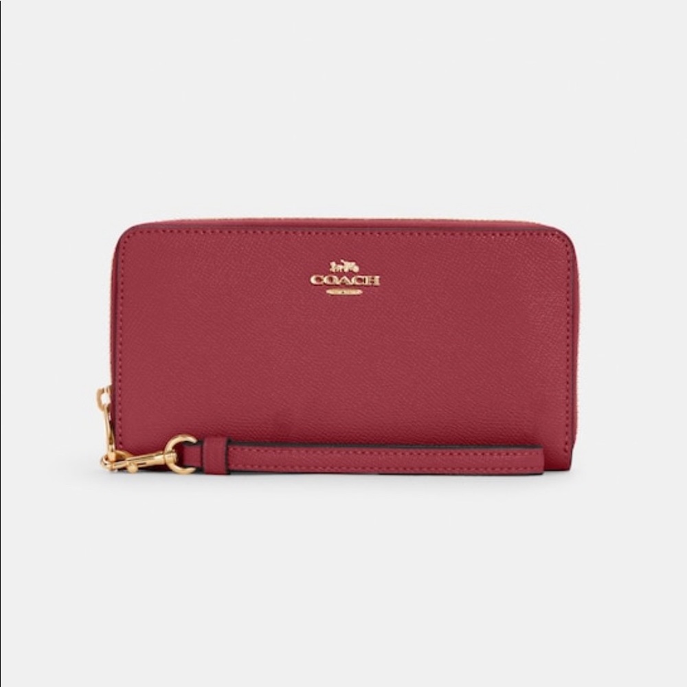 Coach Long Zip Around Wallet with detachable wrist scrap in Gold/Cherry